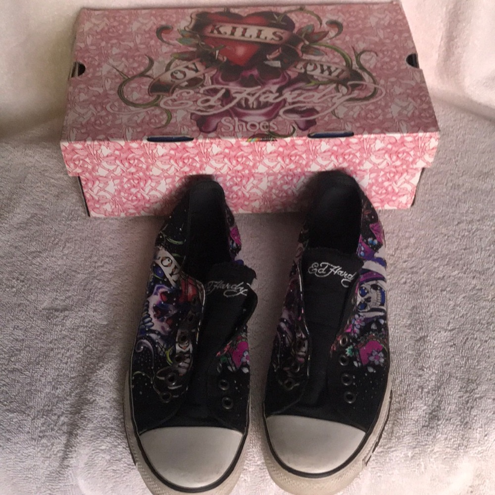 Ed Hardy Low Rise Rhinestone Black Slip On Shoes
